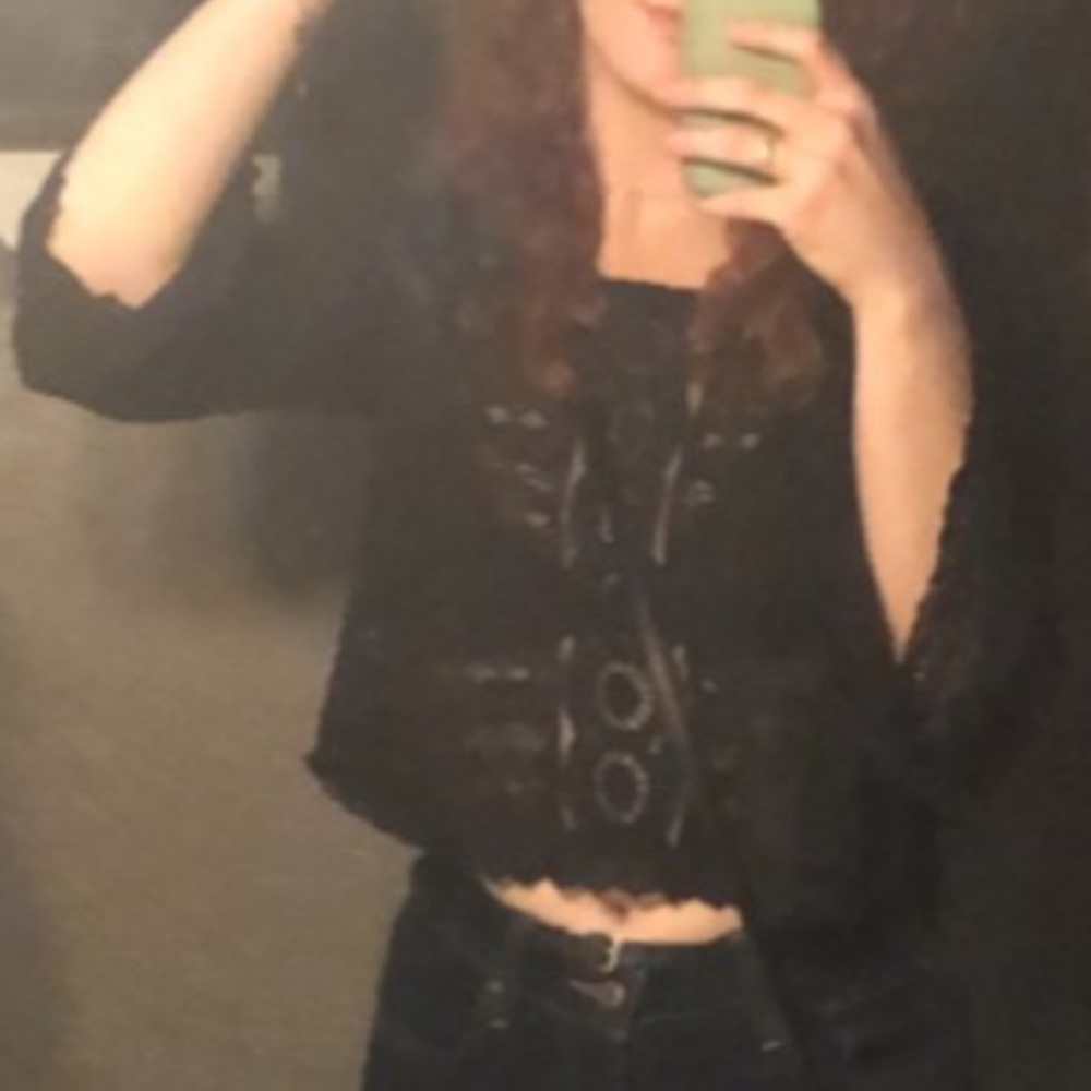 Amuse Society Long Bell Sleeve Black Sheer Lace Crop Top - Picture 3 of 9